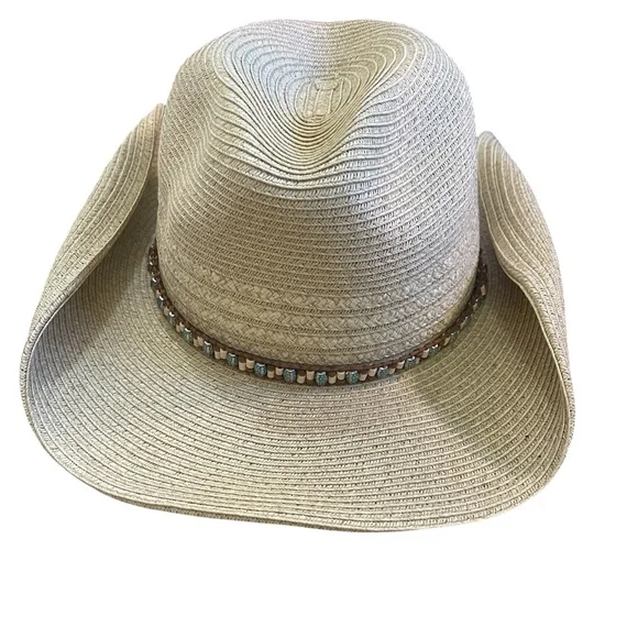 Cowboy hat with multicolor beaded band wood detail rolled brim NWT - Picture 3 of 5